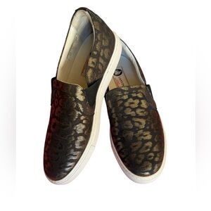 LANVIN Metallic Black Gold Leopard Slip on Brocade Sneaker shoe leather sz 37